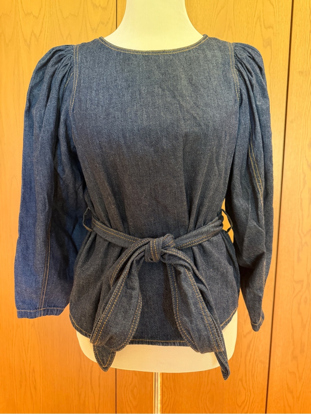 La Vie Rebecca Taylor Denim Puff Sleeve Tie Waist Blouse Top Size M